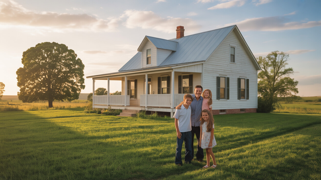 Family in front of their rural home